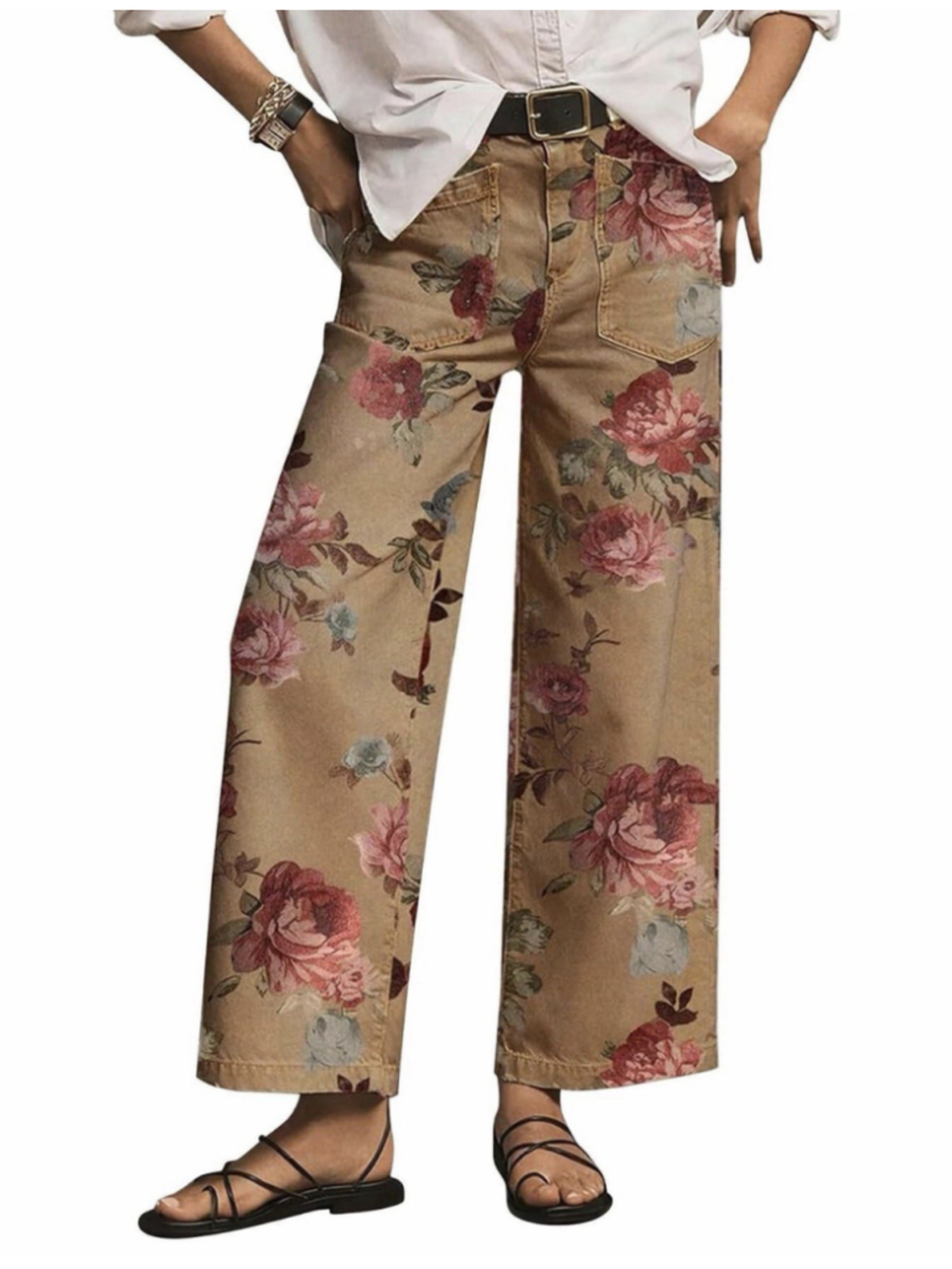 Flamingals Khaki Floral Rose Print High Rise Straight Leg Cropped Pants S